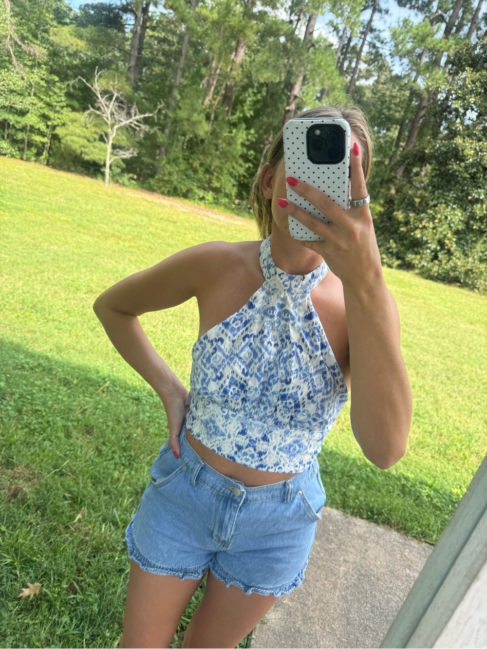 Sleeveless Blue White Halter Crop Top